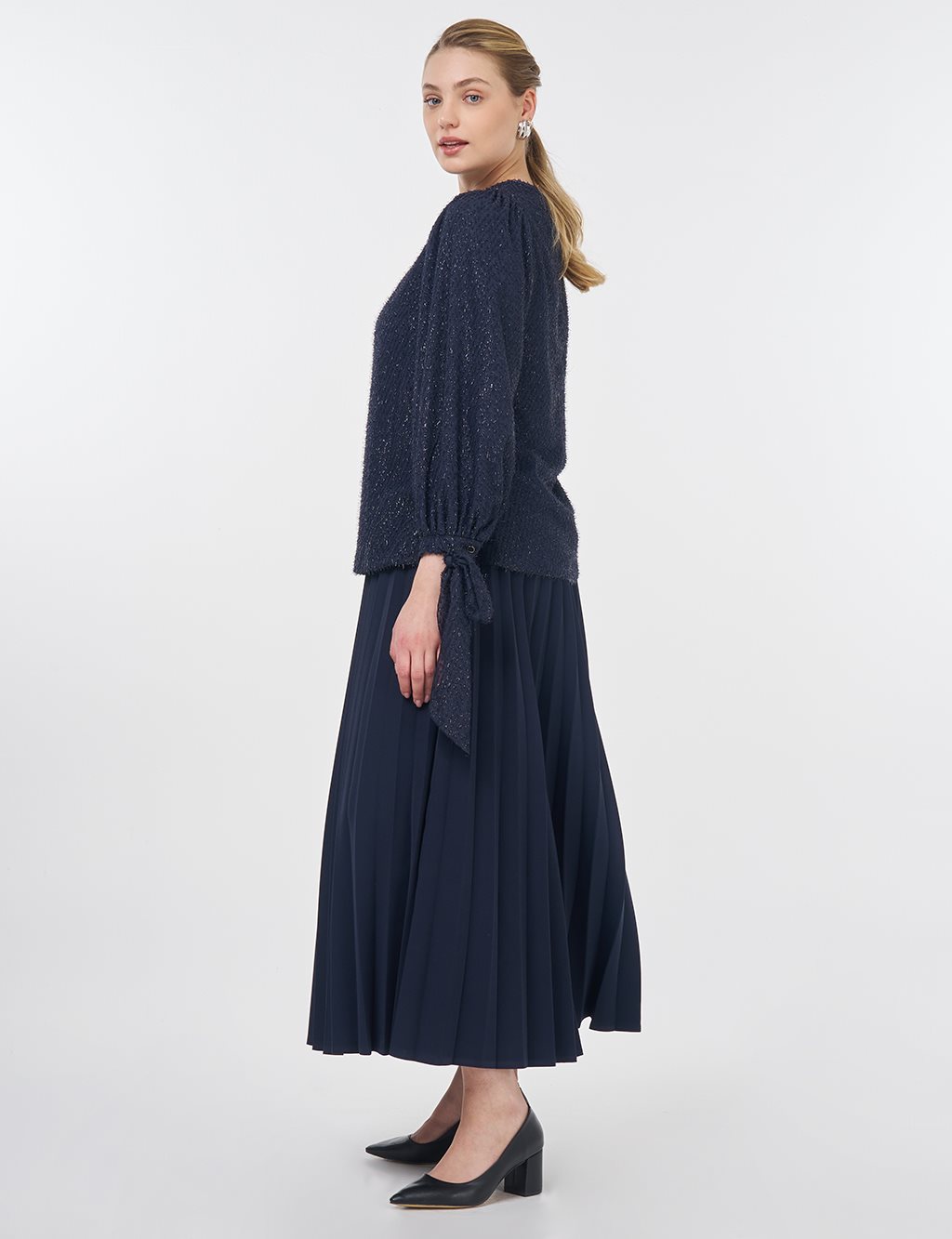 Drawstring Detail Marled Blouse Navy 