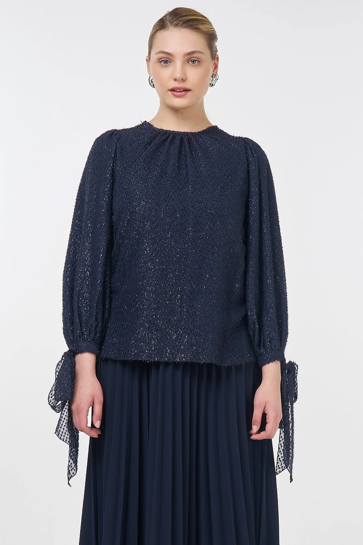 Drawstring Detail Marled Blouse Navy 