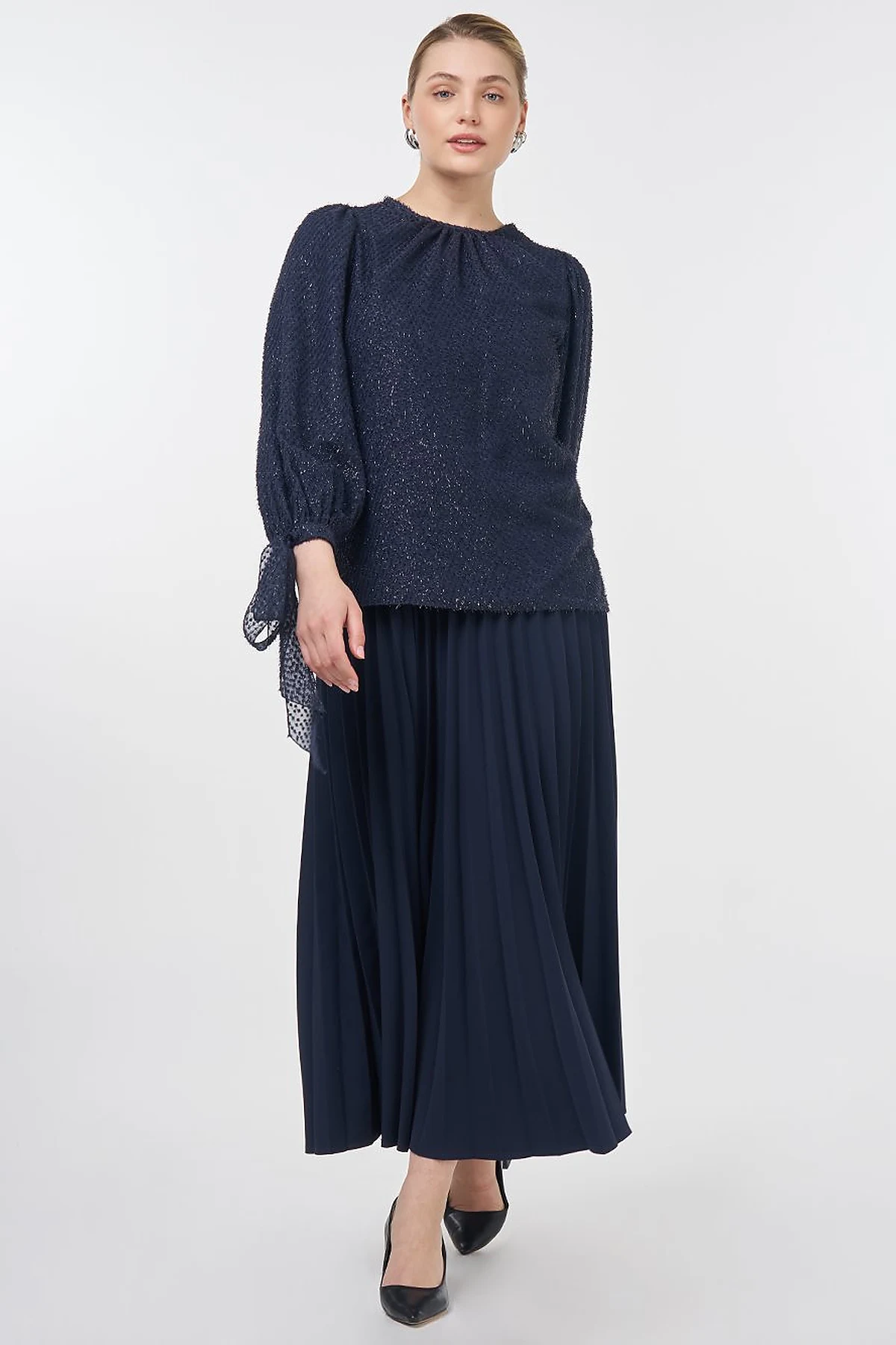 Drawstring Detail Marled Blouse Navy 