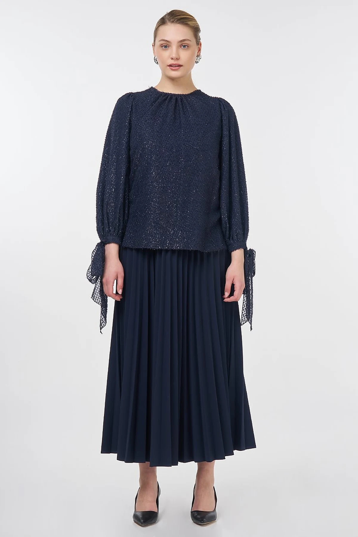 Drawstring Detail Marled Blouse Navy 