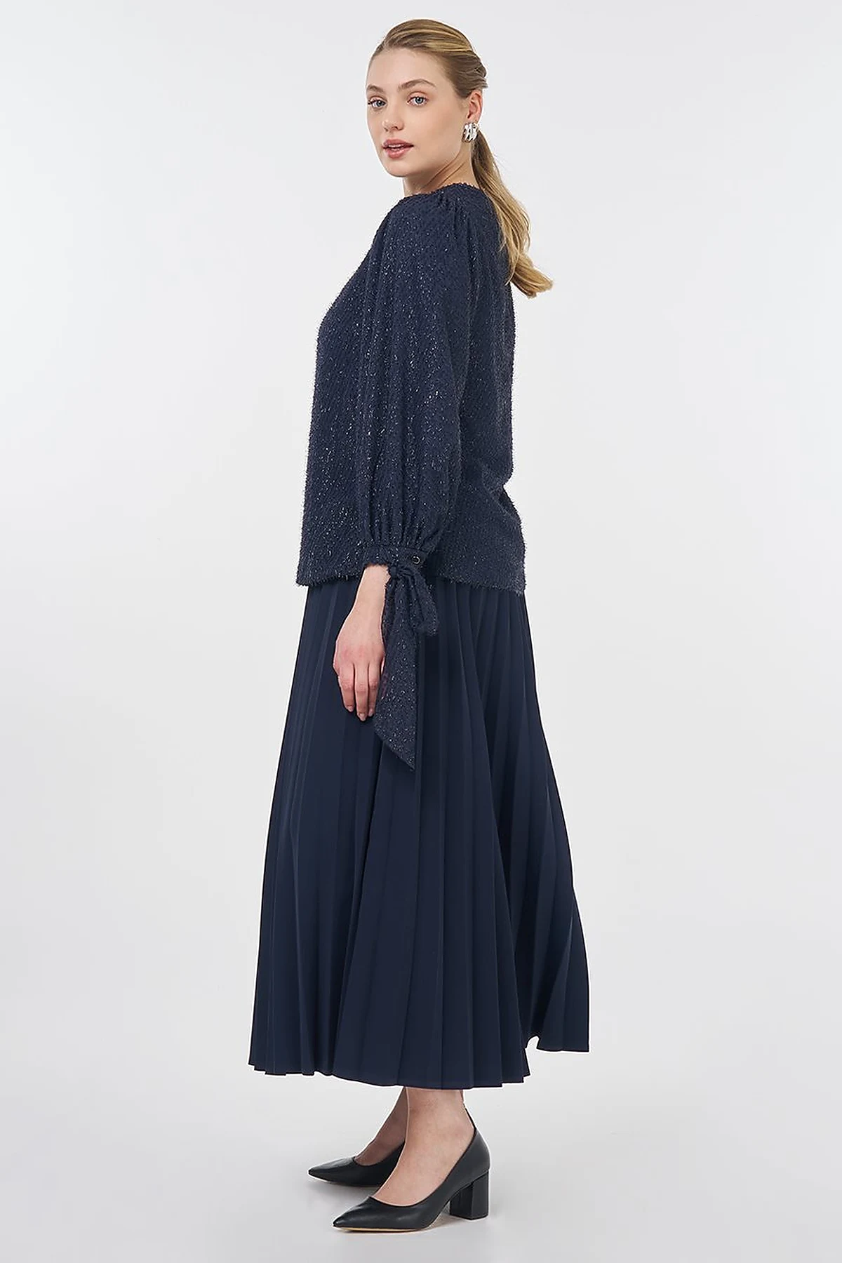 Drawstring Detail Marled Blouse Navy 