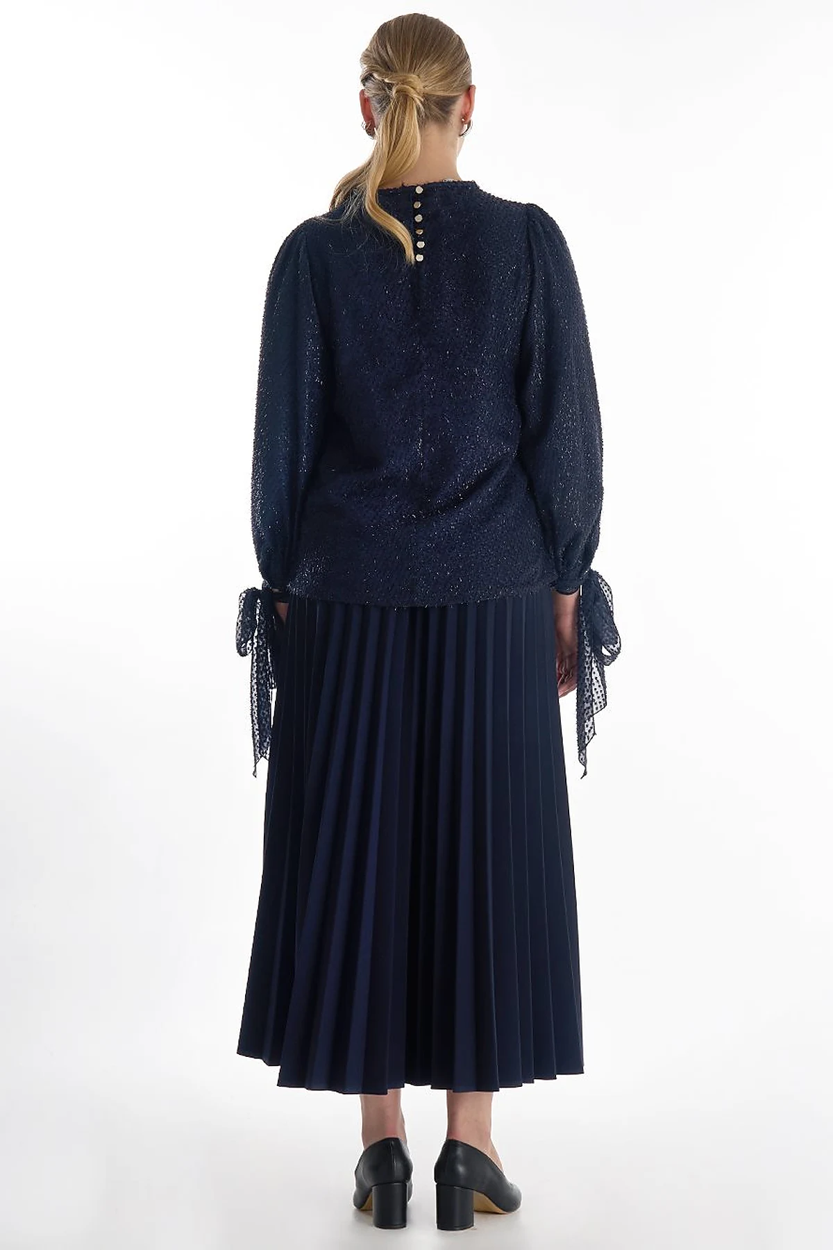 Drawstring Detail Marled Blouse Navy 