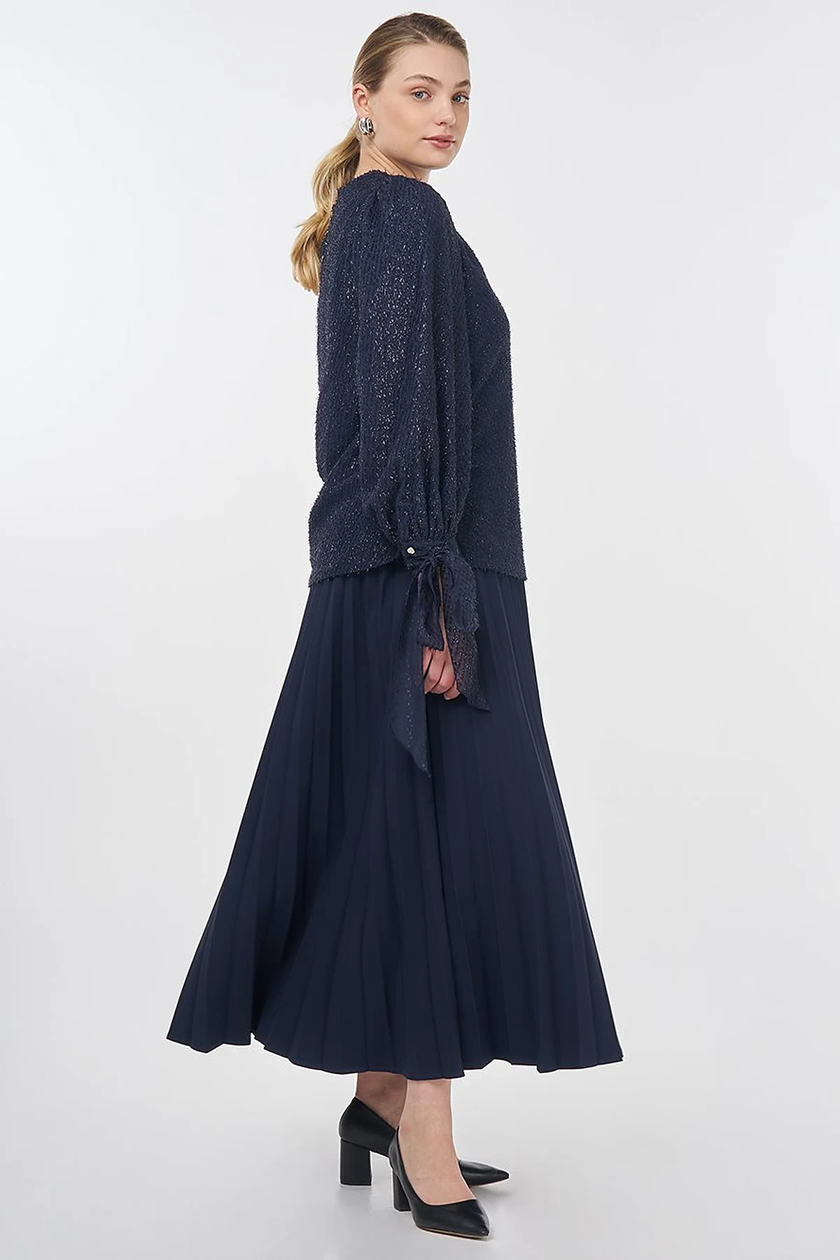 Drawstring Detail Marled Blouse Navy 