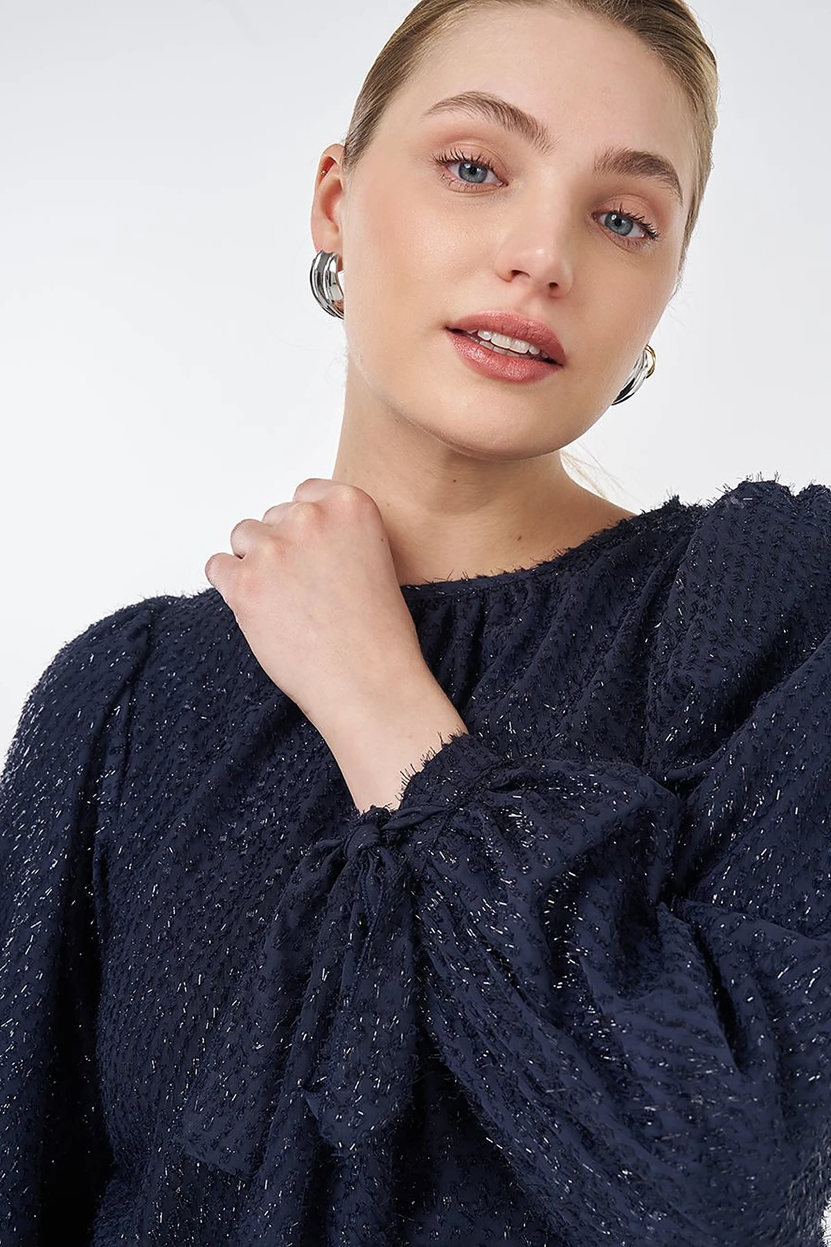 Drawstring Detail Marled Blouse Navy 