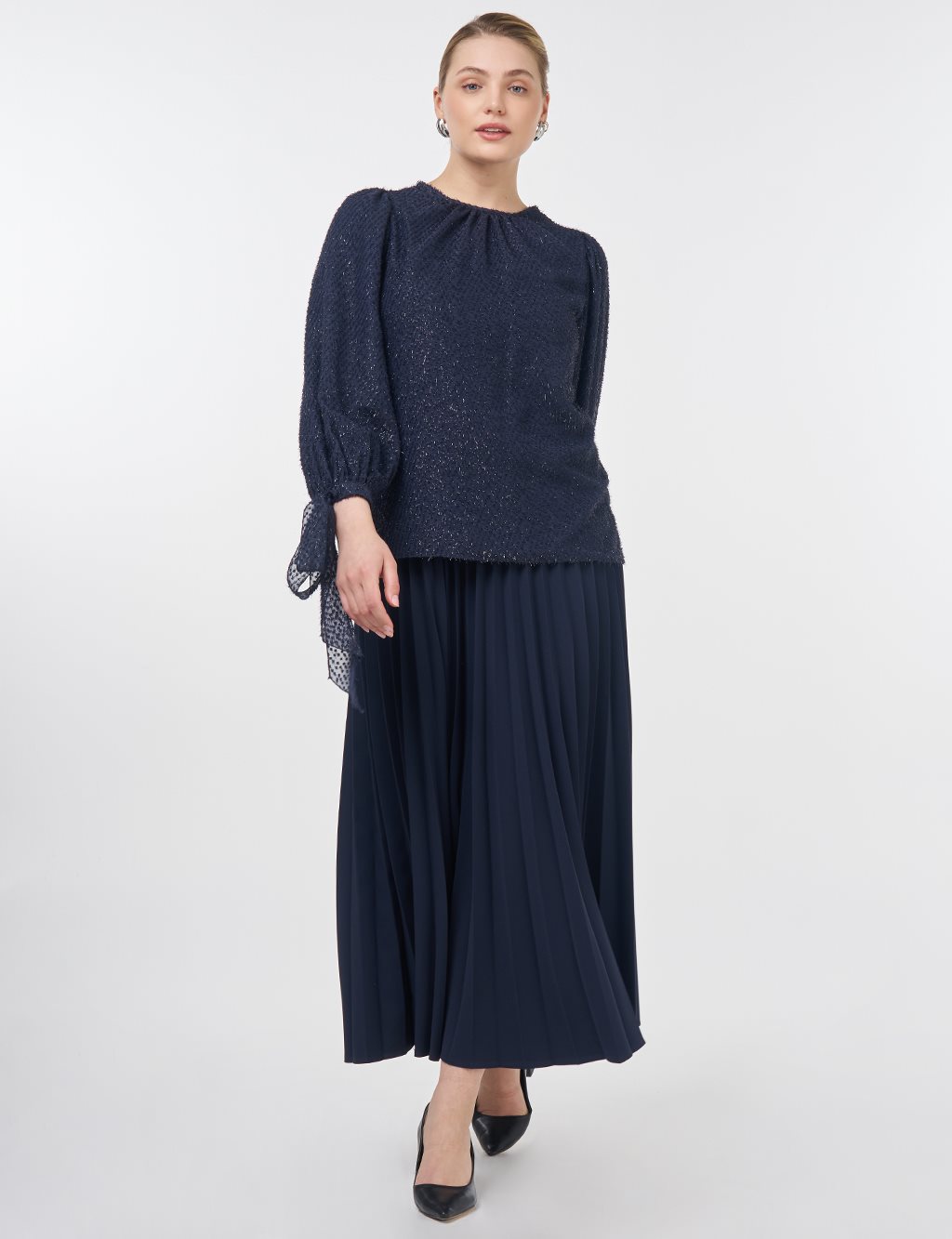 Drawstring Detail Marled Blouse Navy 