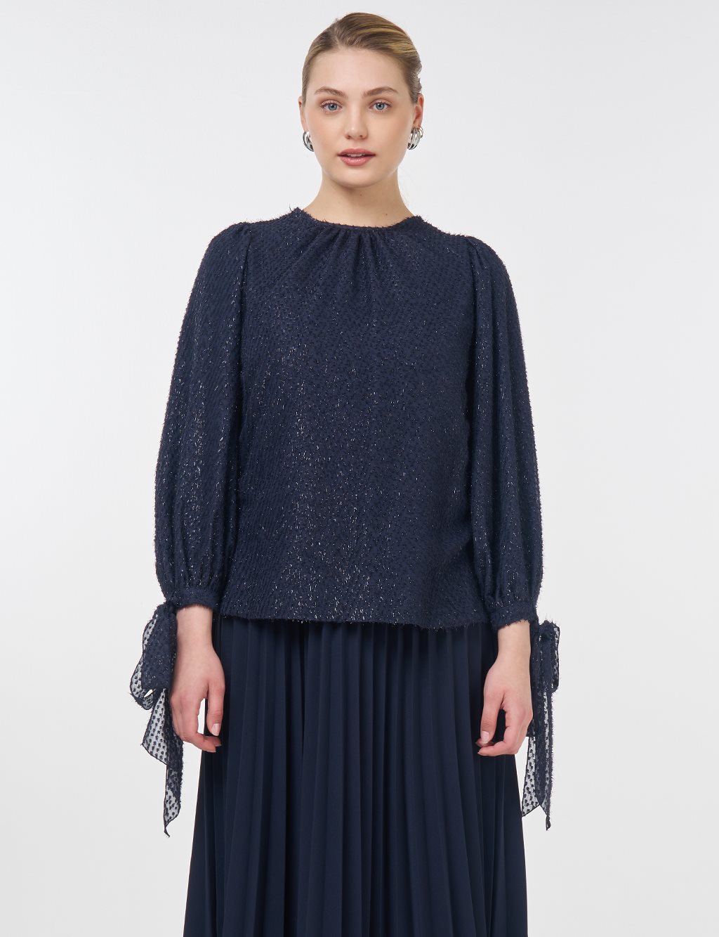 Drawstring Detail Marled Blouse Navy 