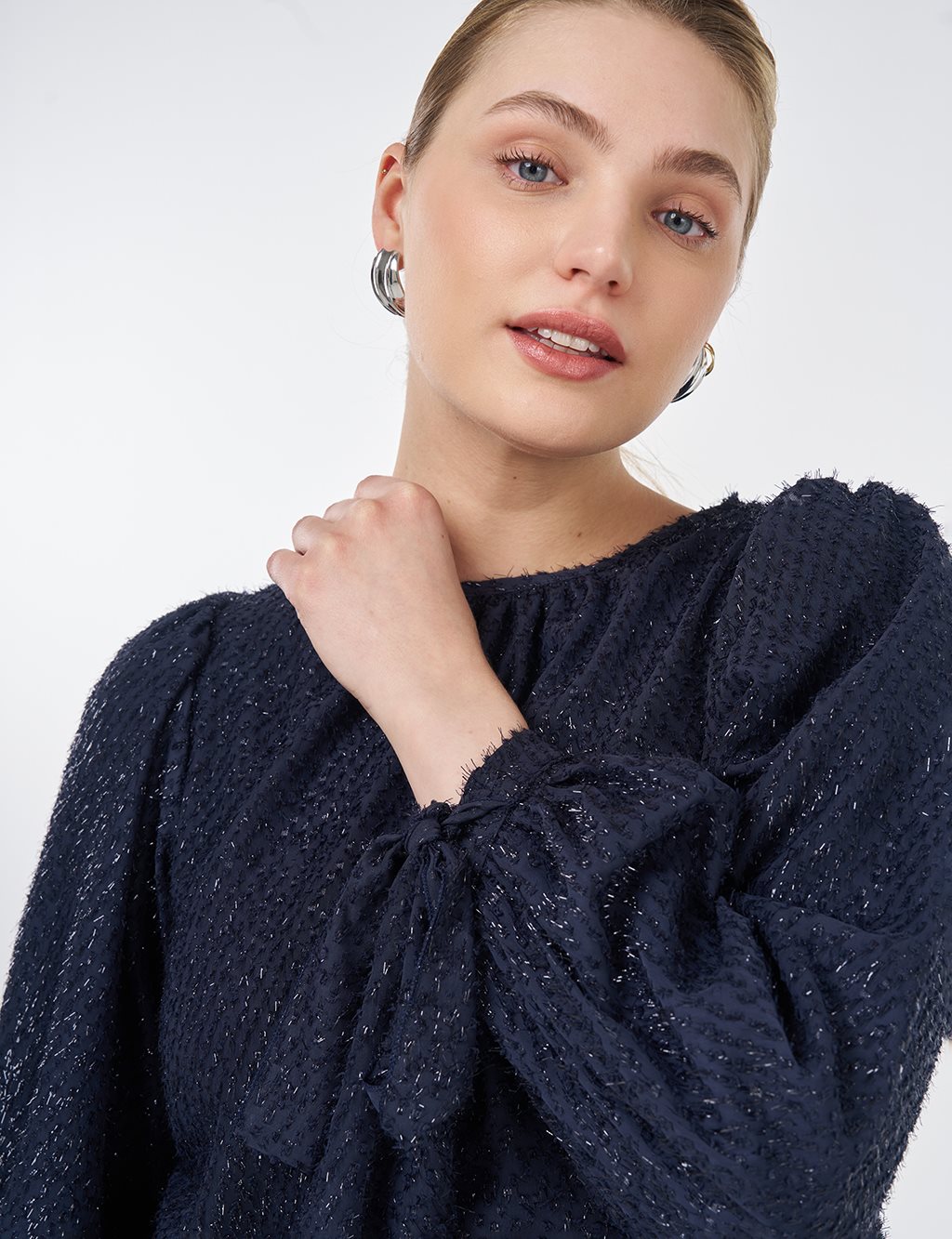 Drawstring Detail Marled Blouse Navy 