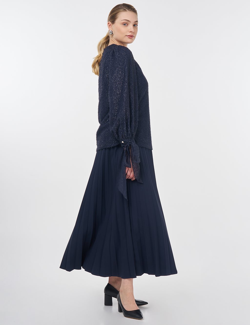 Drawstring Detail Marled Blouse Navy 