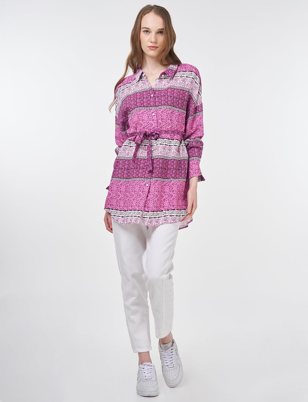 Floral Patterned Belted Viscose Tunic Sugar Pink