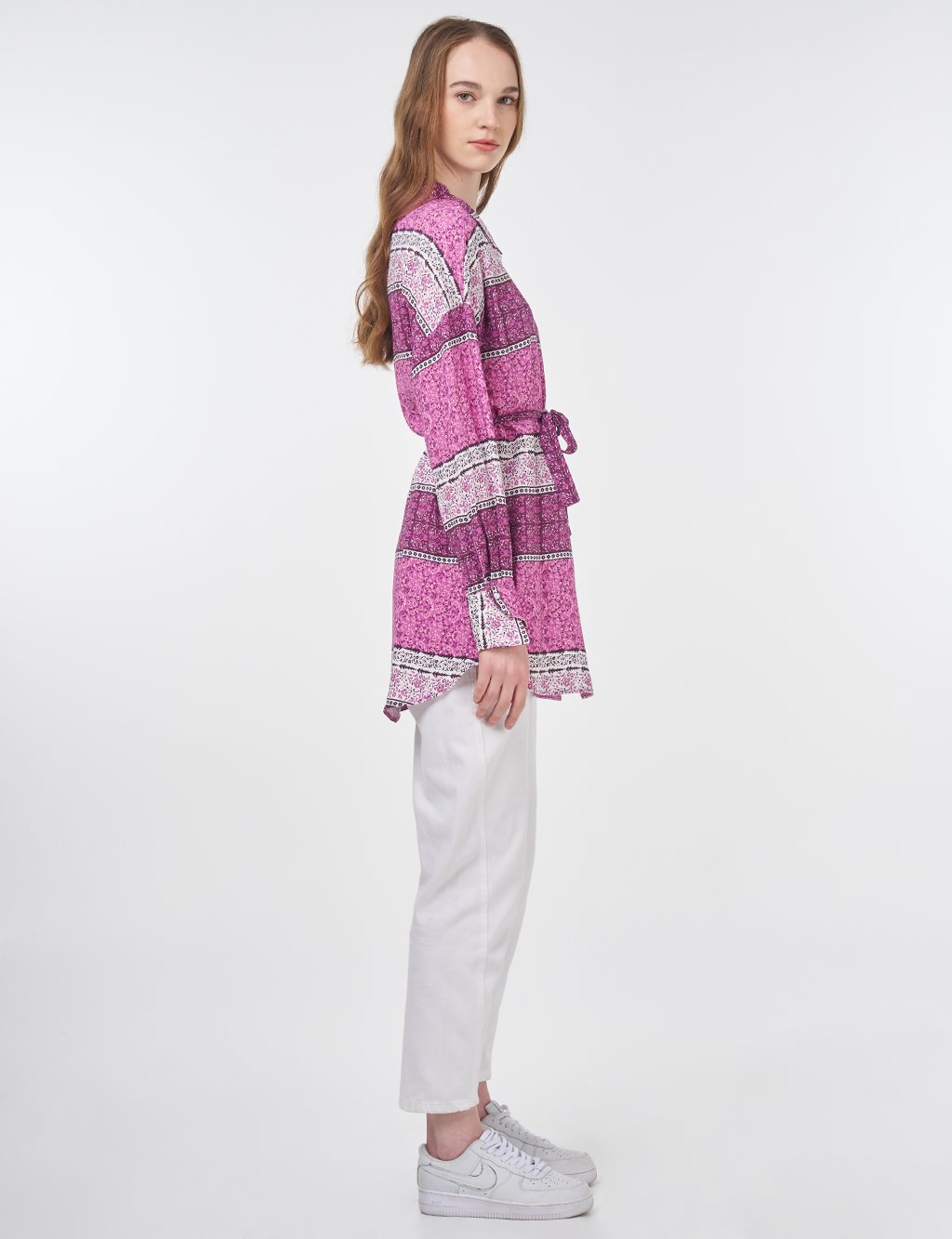 Floral Patterned Belted Viscose Tunic Sugar Pink