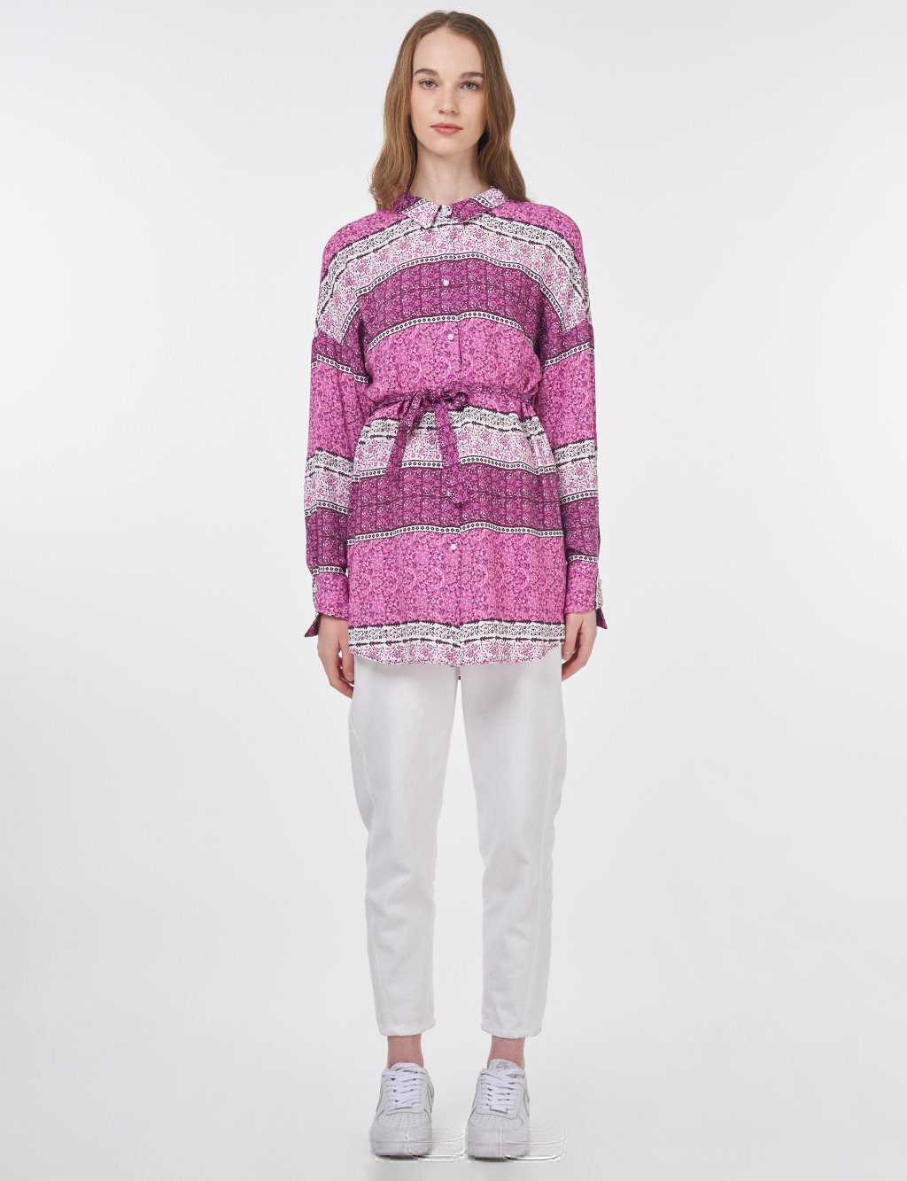 Floral Patterned Belted Viscose Tunic Sugar Pink