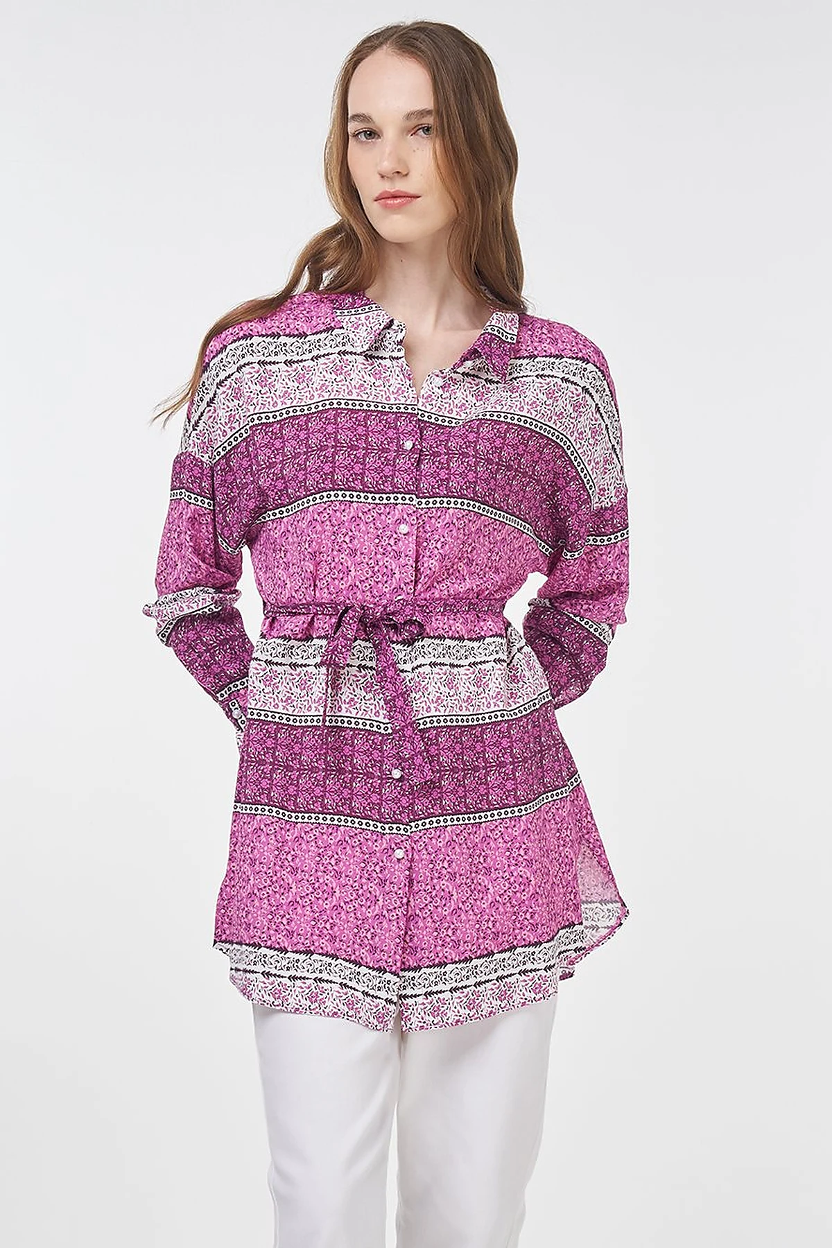 Floral Patterned Belted Viscose Tunic Sugar Pink