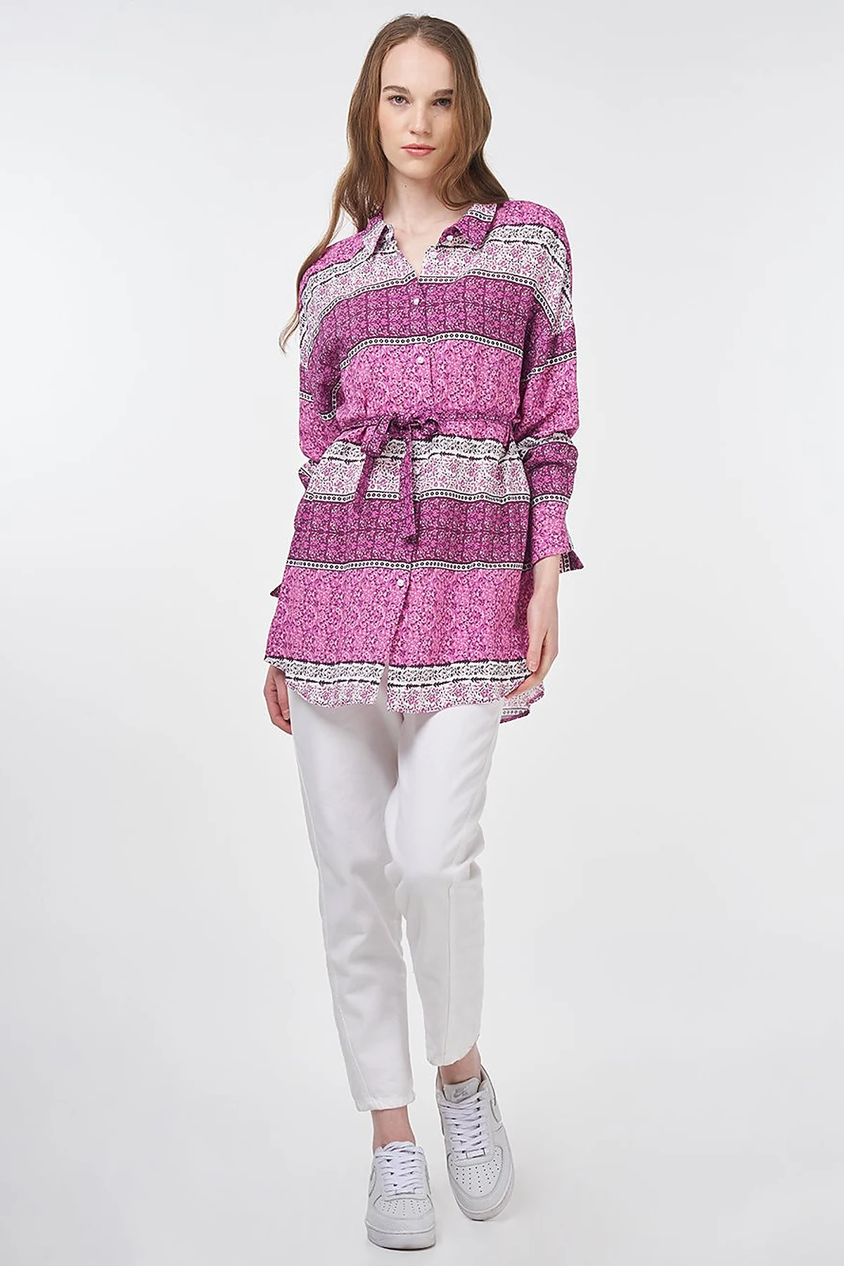 Floral Patterned Belted Viscose Tunic Sugar Pink