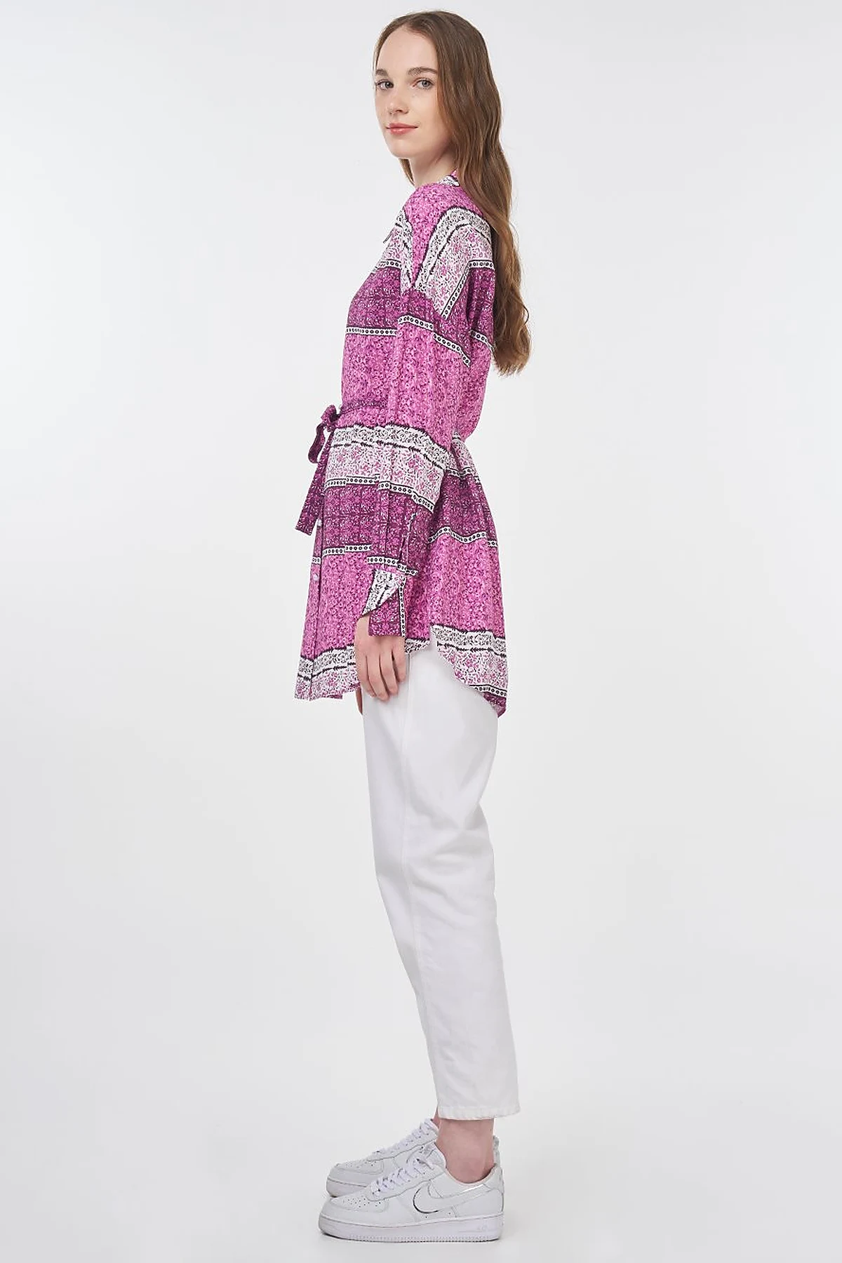 Floral Patterned Belted Viscose Tunic Sugar Pink
