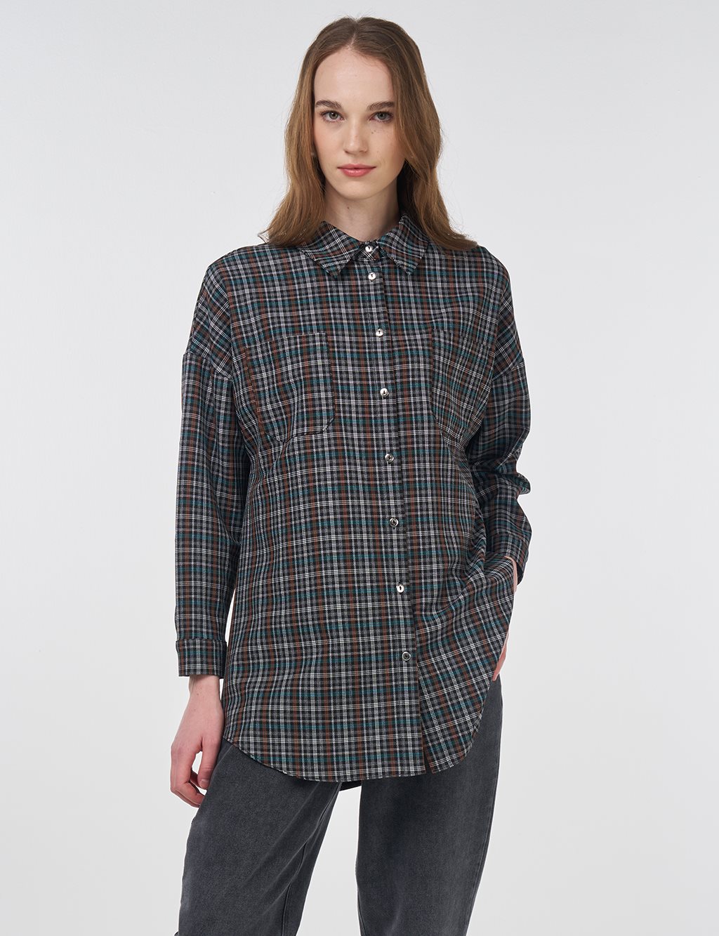 Plaid Shirt Collar Tunic Tan