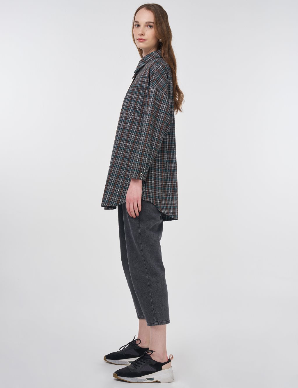 Plaid Shirt Collar Tunic Tan