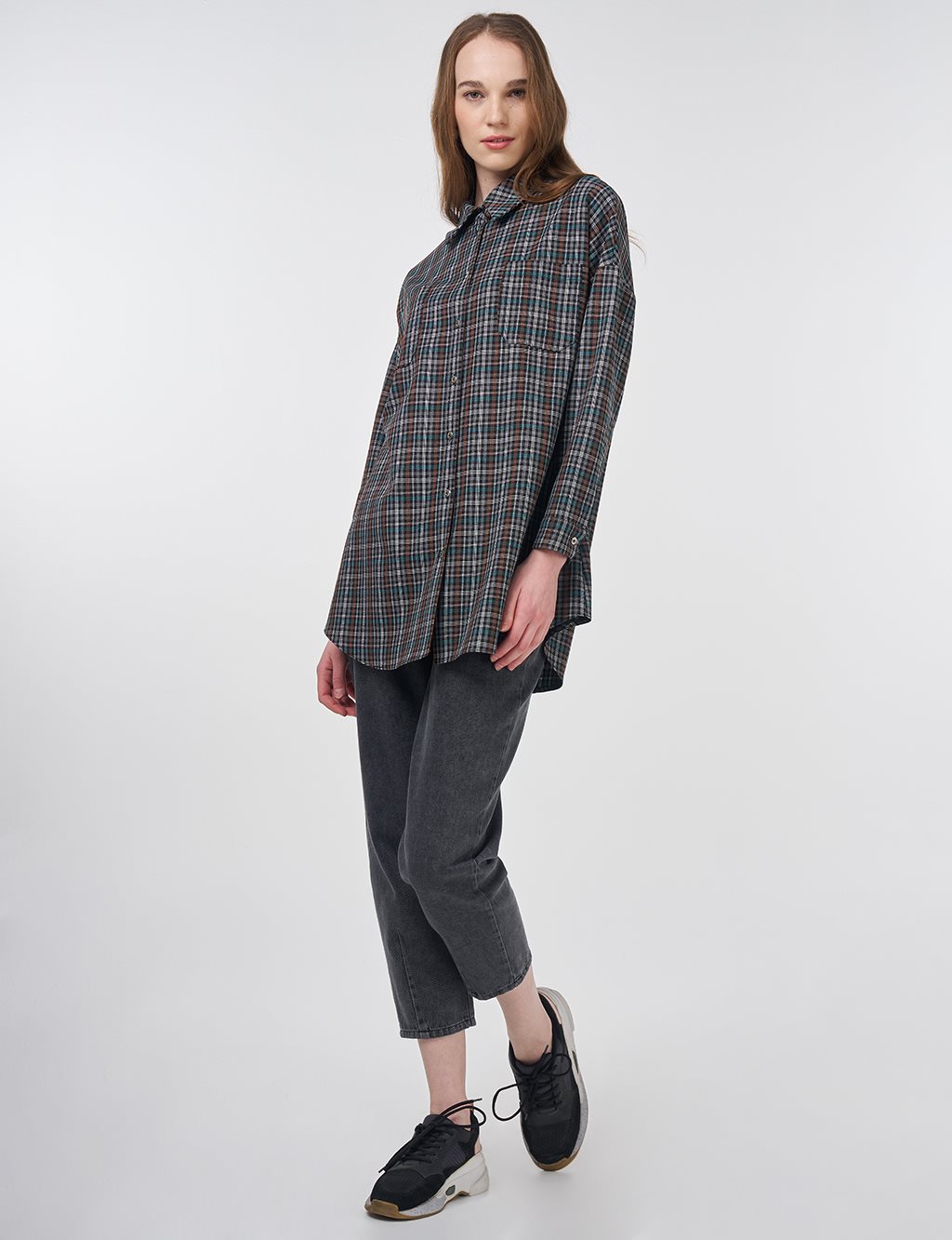 Plaid Shirt Collar Tunic Tan