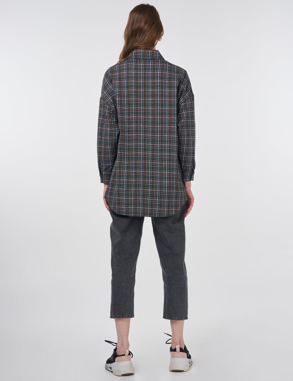 Plaid Shirt Collar Tunic Tan