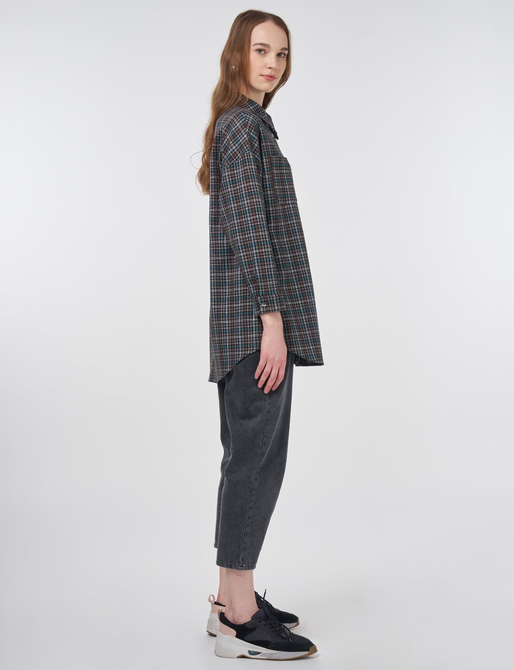 Plaid Shirt Collar Tunic Tan