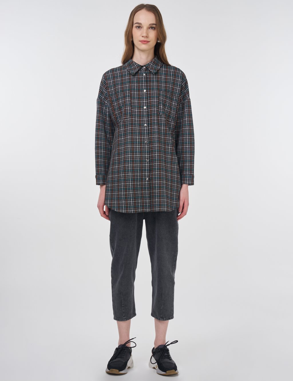 Plaid Shirt Collar Tunic Tan