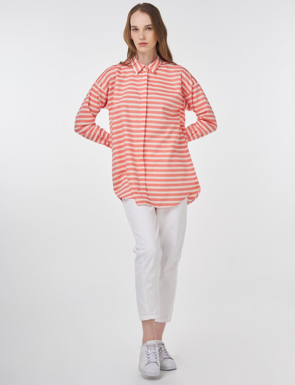 Striped Pattern Cotton Basic Tunic Poppy Orange