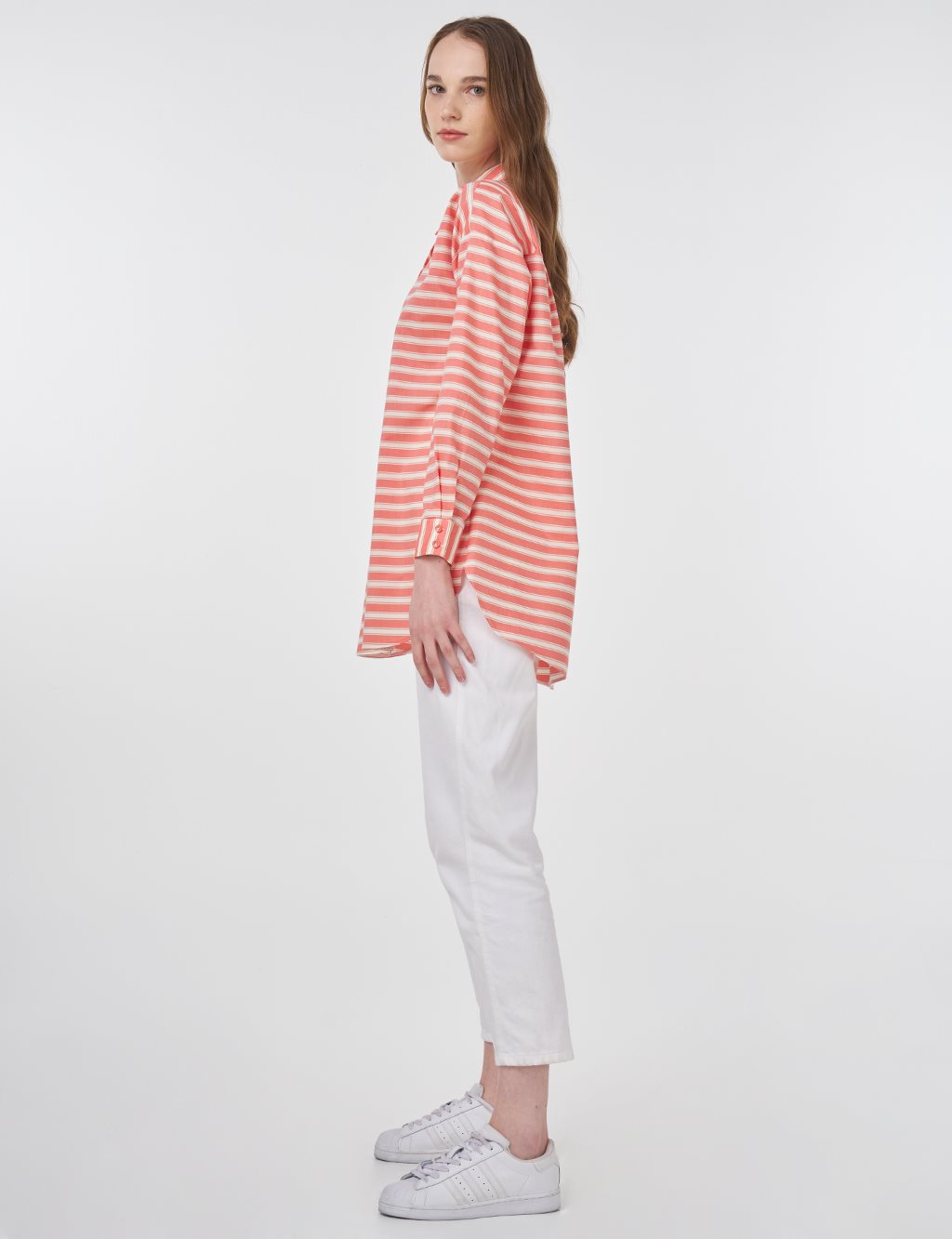 Striped Pattern Cotton Basic Tunic Poppy Orange