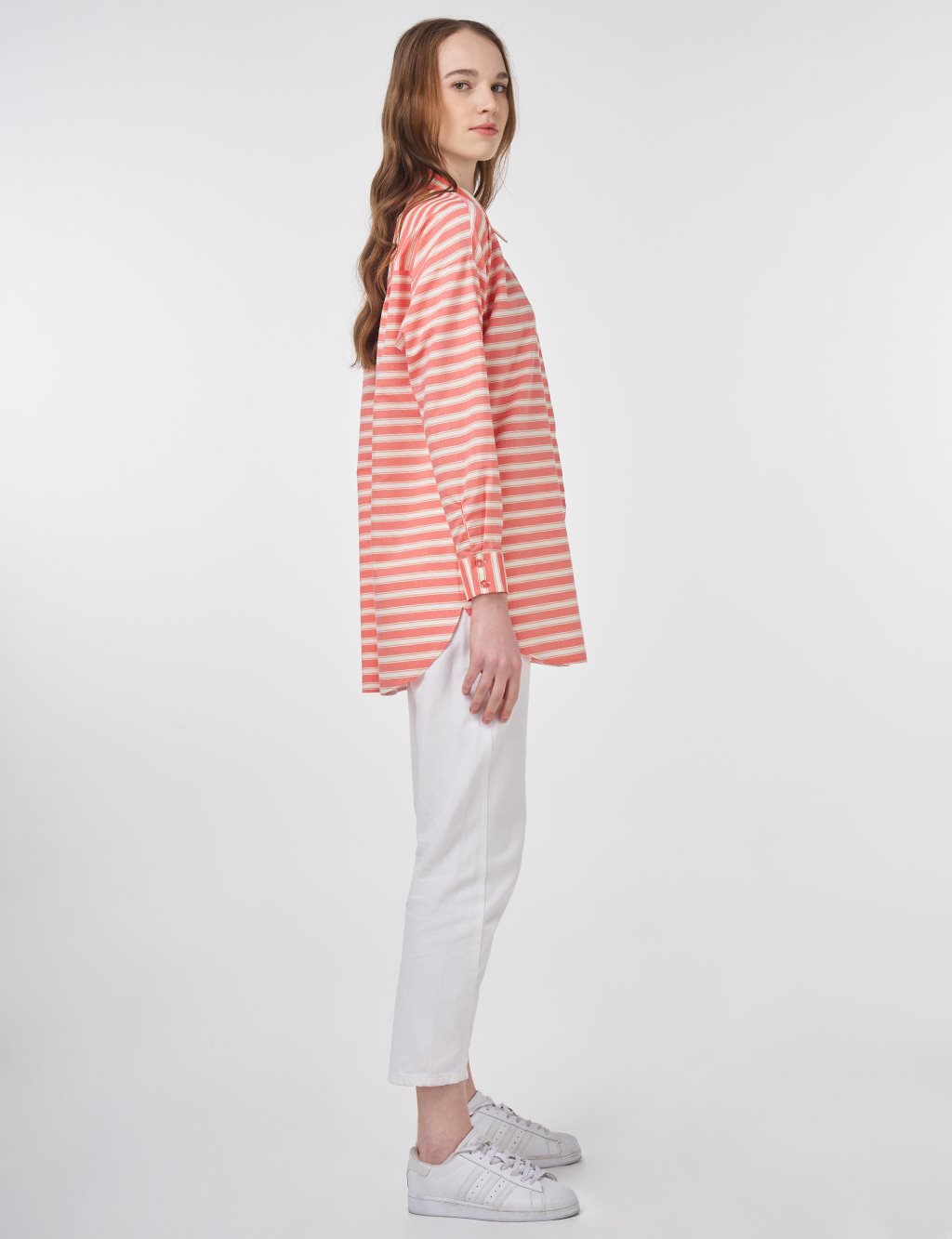 Striped Pattern Cotton Basic Tunic Poppy Orange