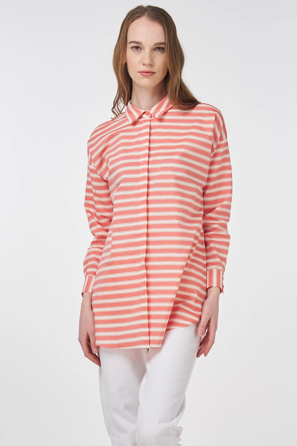 Striped Pattern Cotton Basic Tunic Poppy Orange