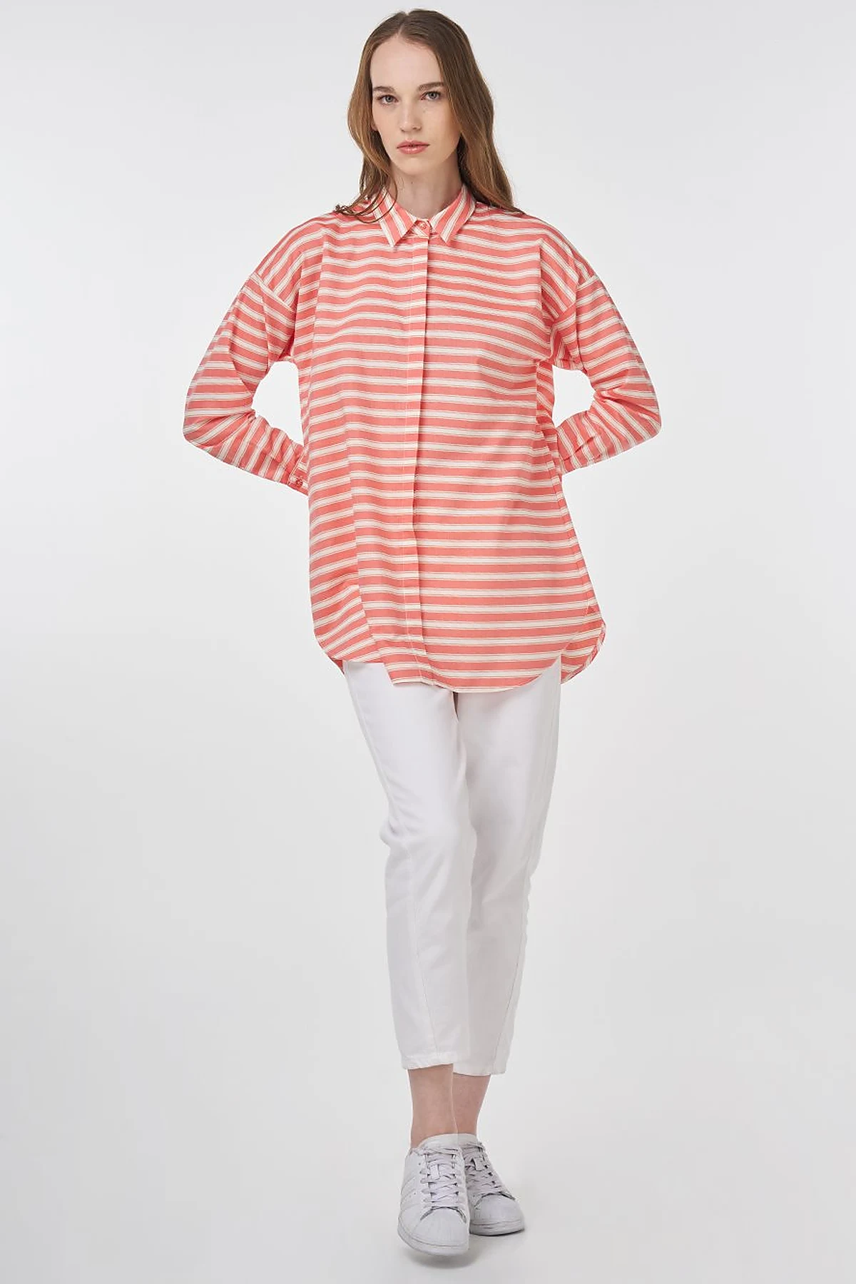 Striped Pattern Cotton Basic Tunic Poppy Orange