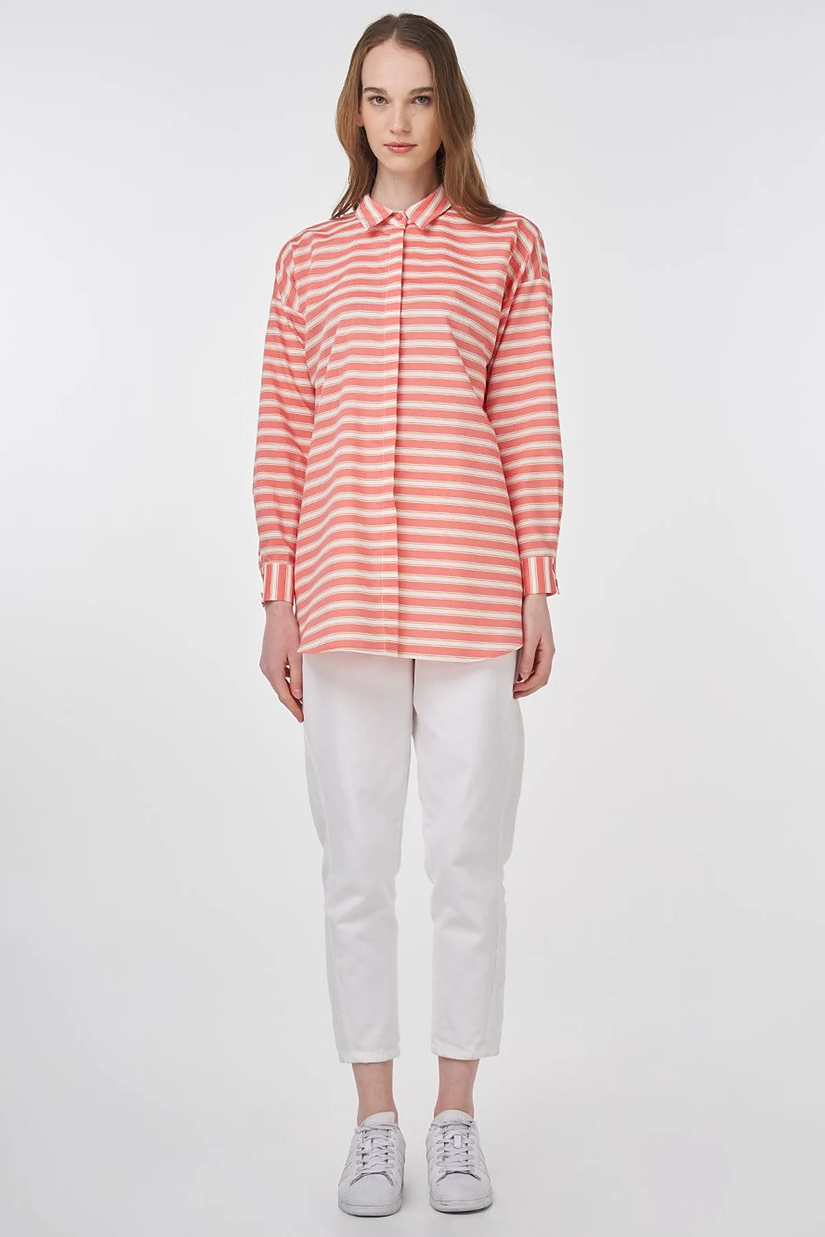 Striped Pattern Cotton Basic Tunic Poppy Orange