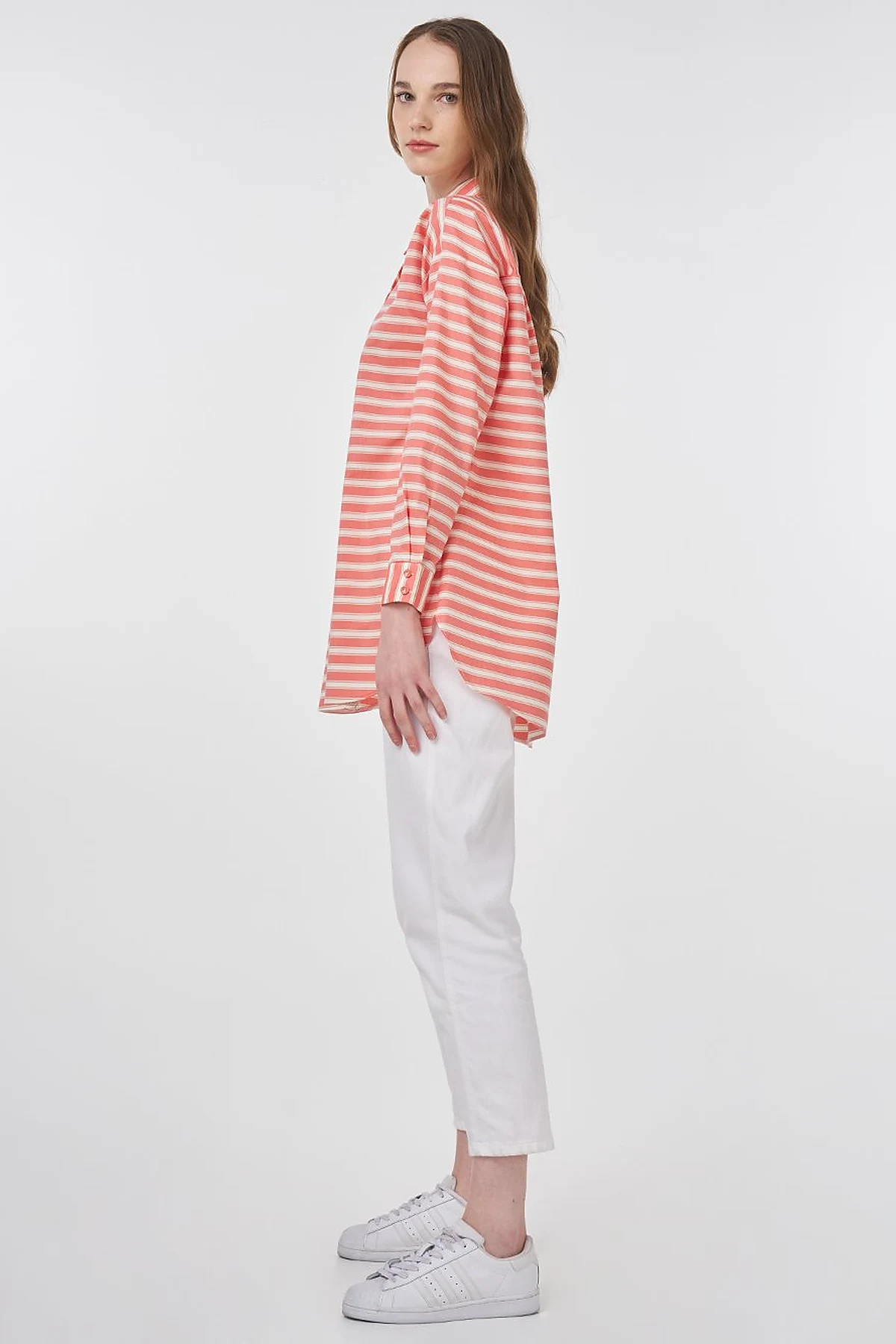 Striped Pattern Cotton Basic Tunic Poppy Orange