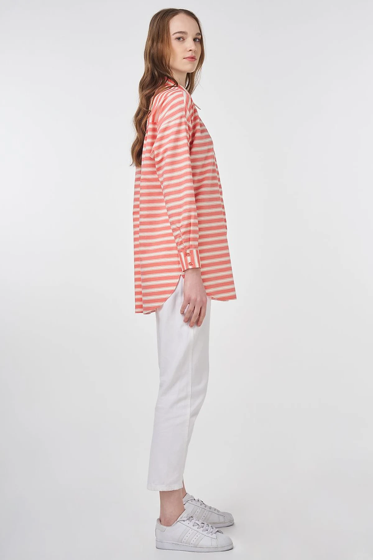 Striped Pattern Cotton Basic Tunic Poppy Orange