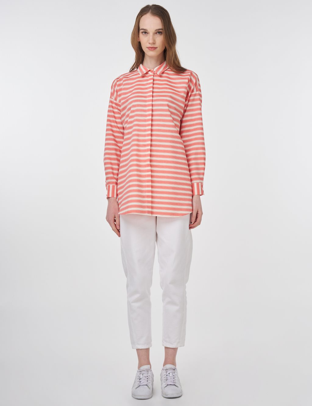 Striped Pattern Cotton Basic Tunic Poppy Orange