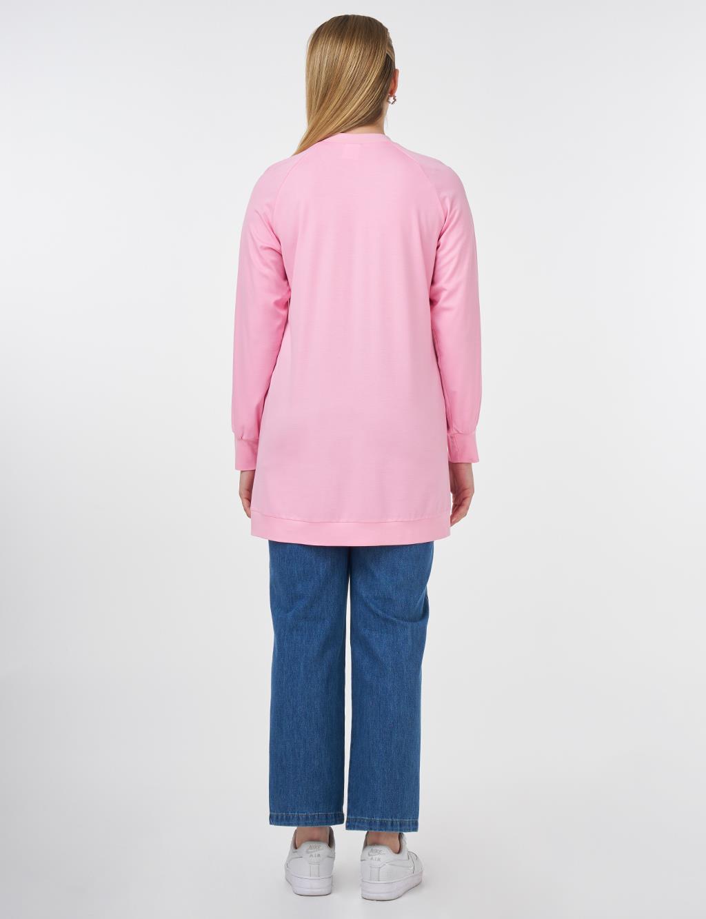Ribanalı Sıfır Yaka Penye Sweatshirt Şeker Pembe