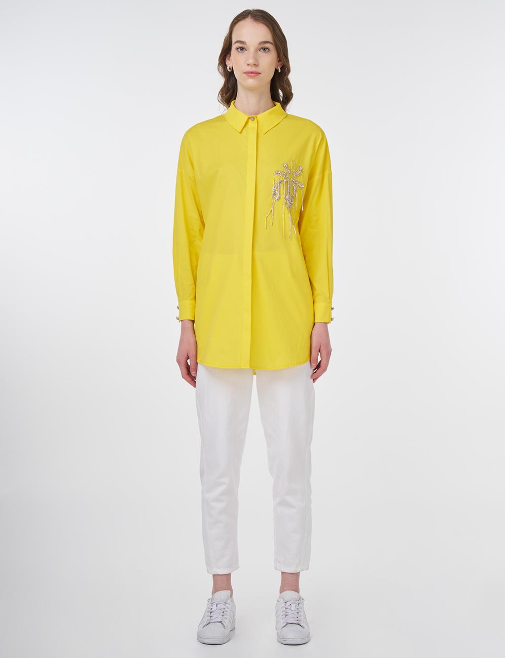 Stone Embroidered Cotton Tunic Yellow