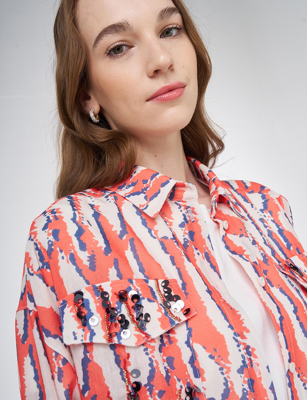 Abstract Patterned Shirt Collar Tunic Coral