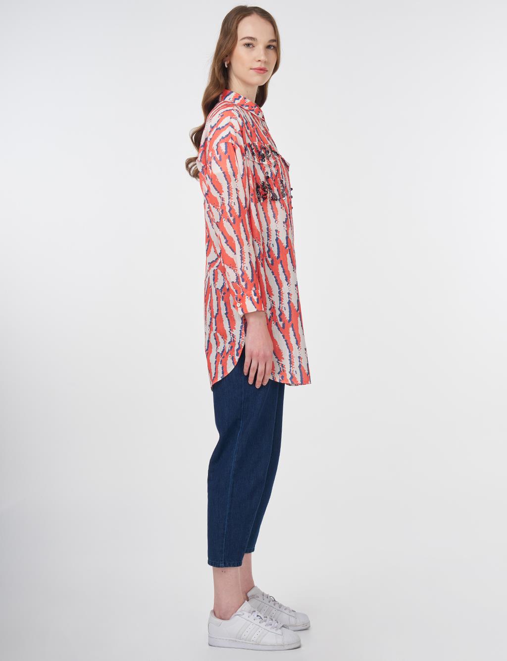 Abstract Patterned Shirt Collar Tunic Coral