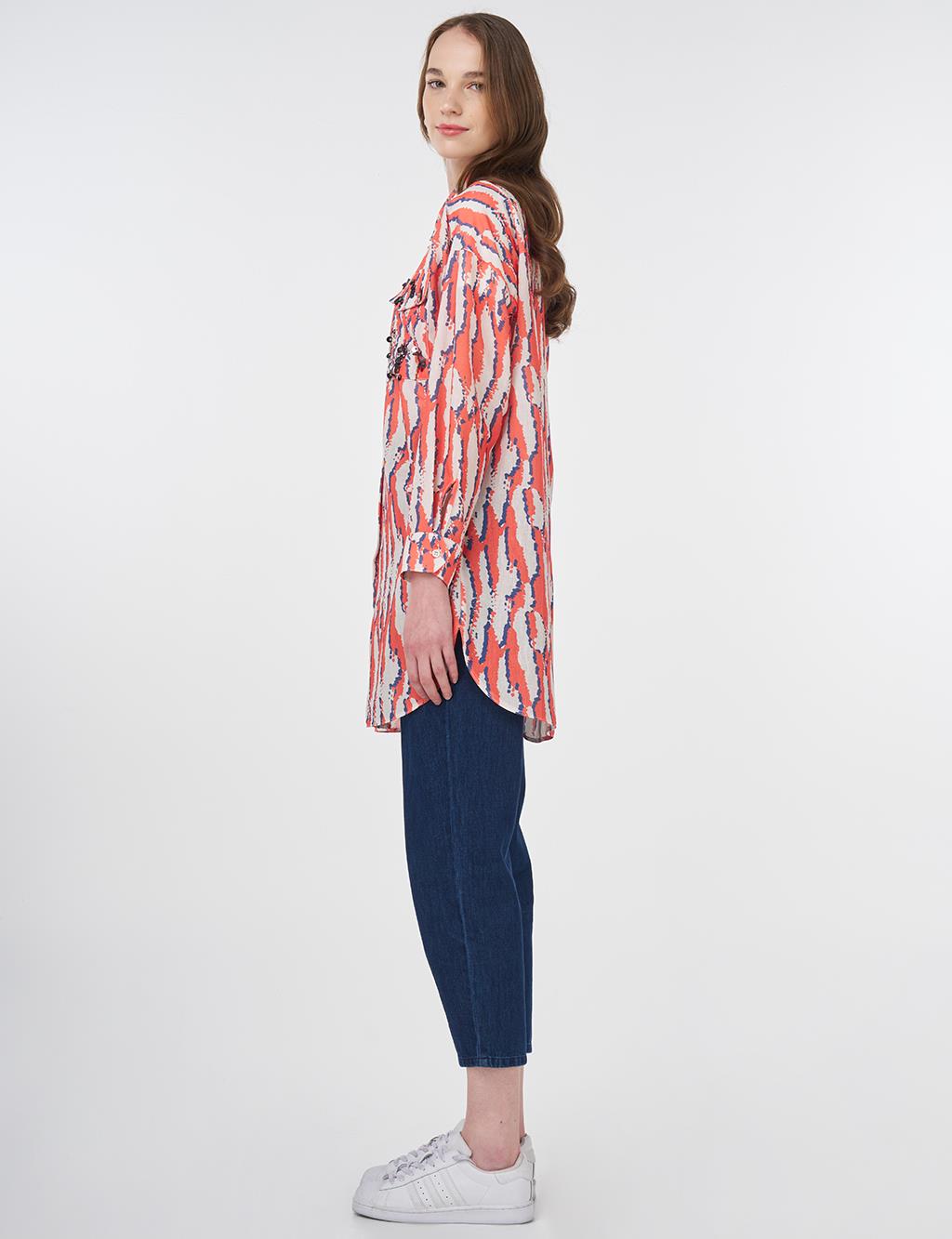 Abstract Patterned Shirt Collar Tunic Coral