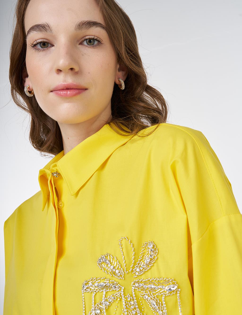 Stone Embroidered Cotton Tunic Yellow