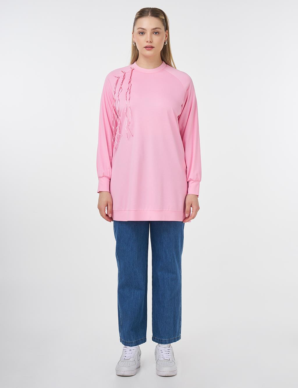 Ribanalı Sıfır Yaka Penye Sweatshirt Şeker Pembe