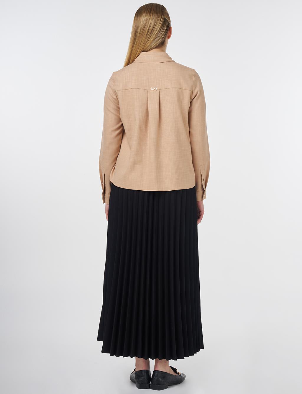 Shiny Buttoned Mandarin Collar Blouse Beige