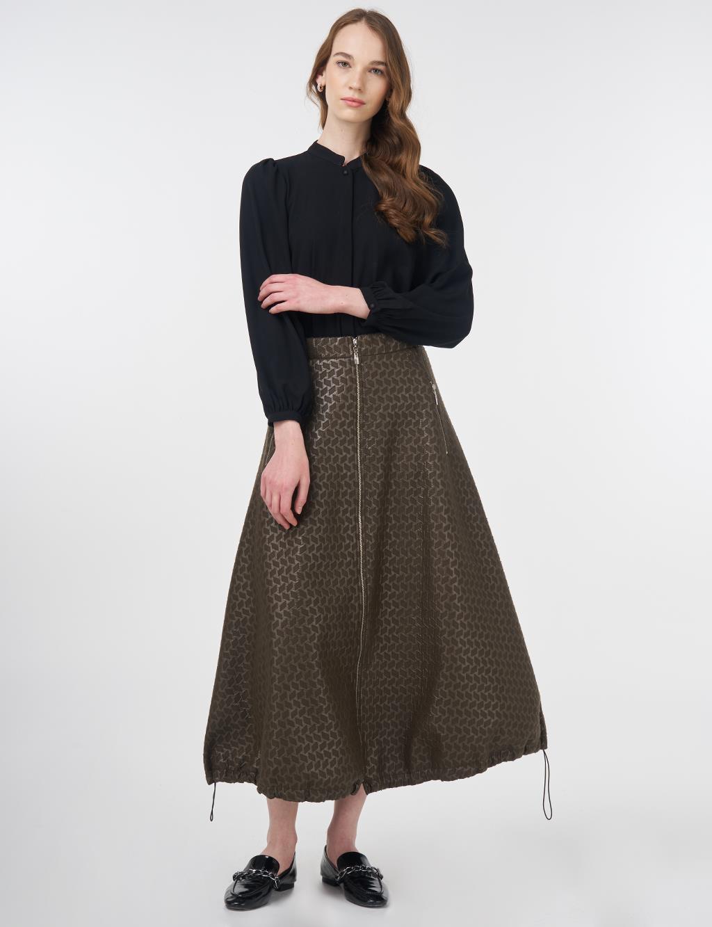 Houndstooth Patterned Flared Skirt Khaki