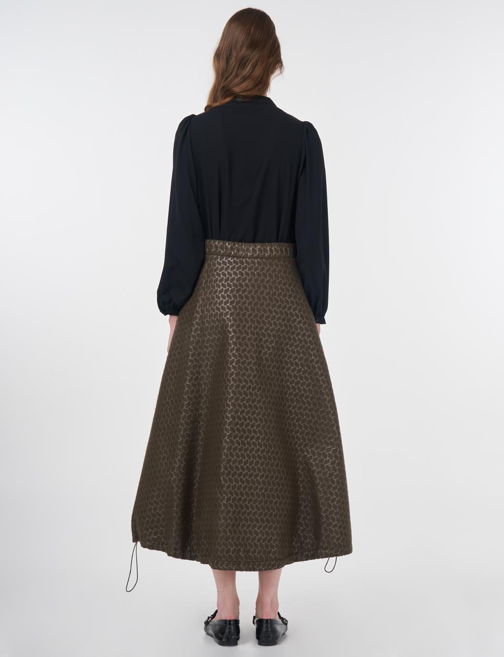 Houndstooth Patterned Flared Skirt Khaki