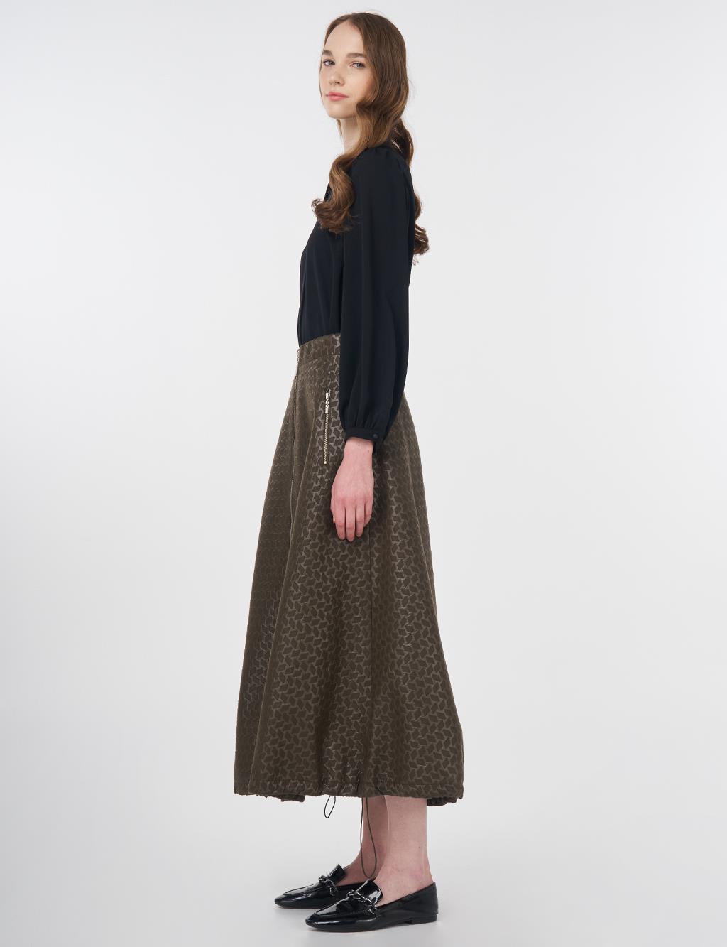 Houndstooth Patterned Flared Skirt Khaki