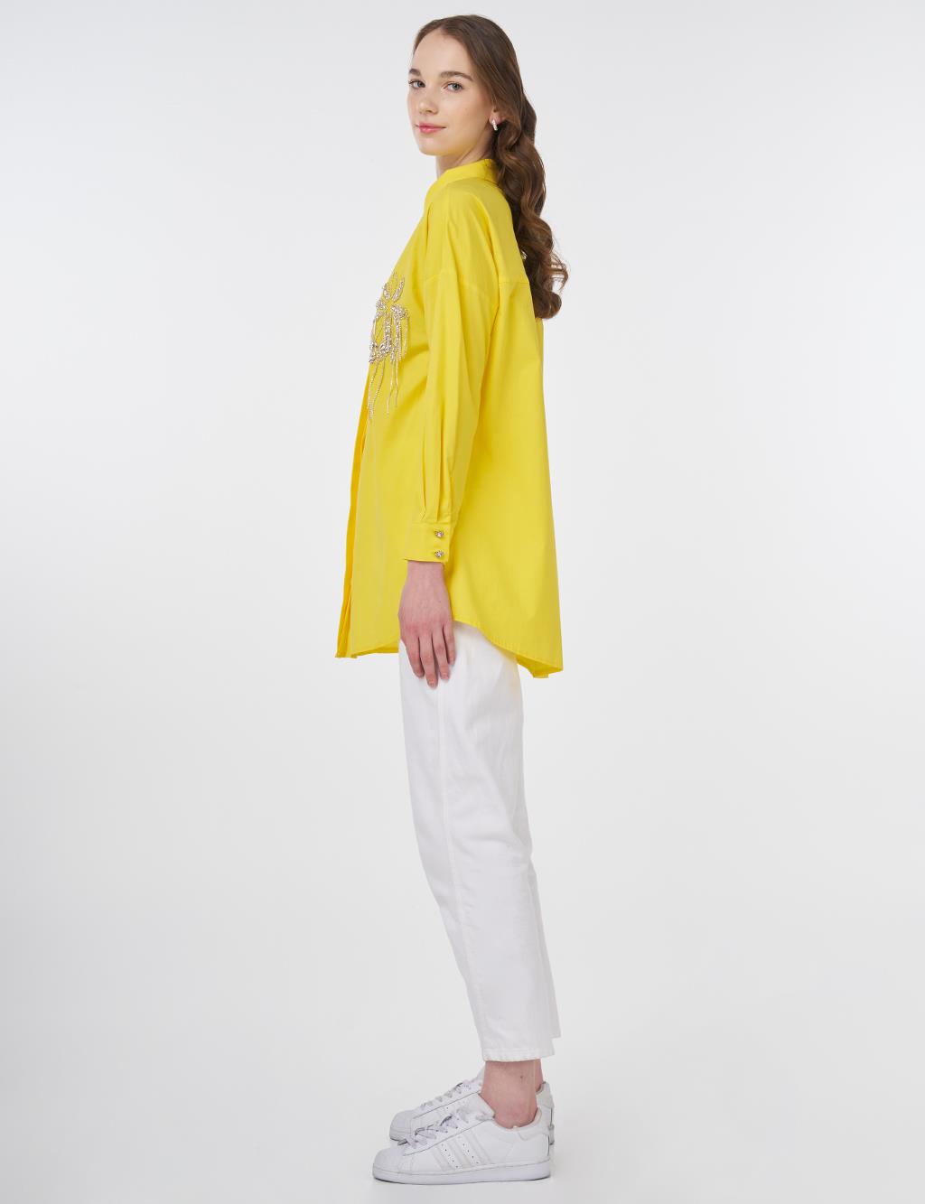 Stone Embroidered Cotton Tunic Yellow