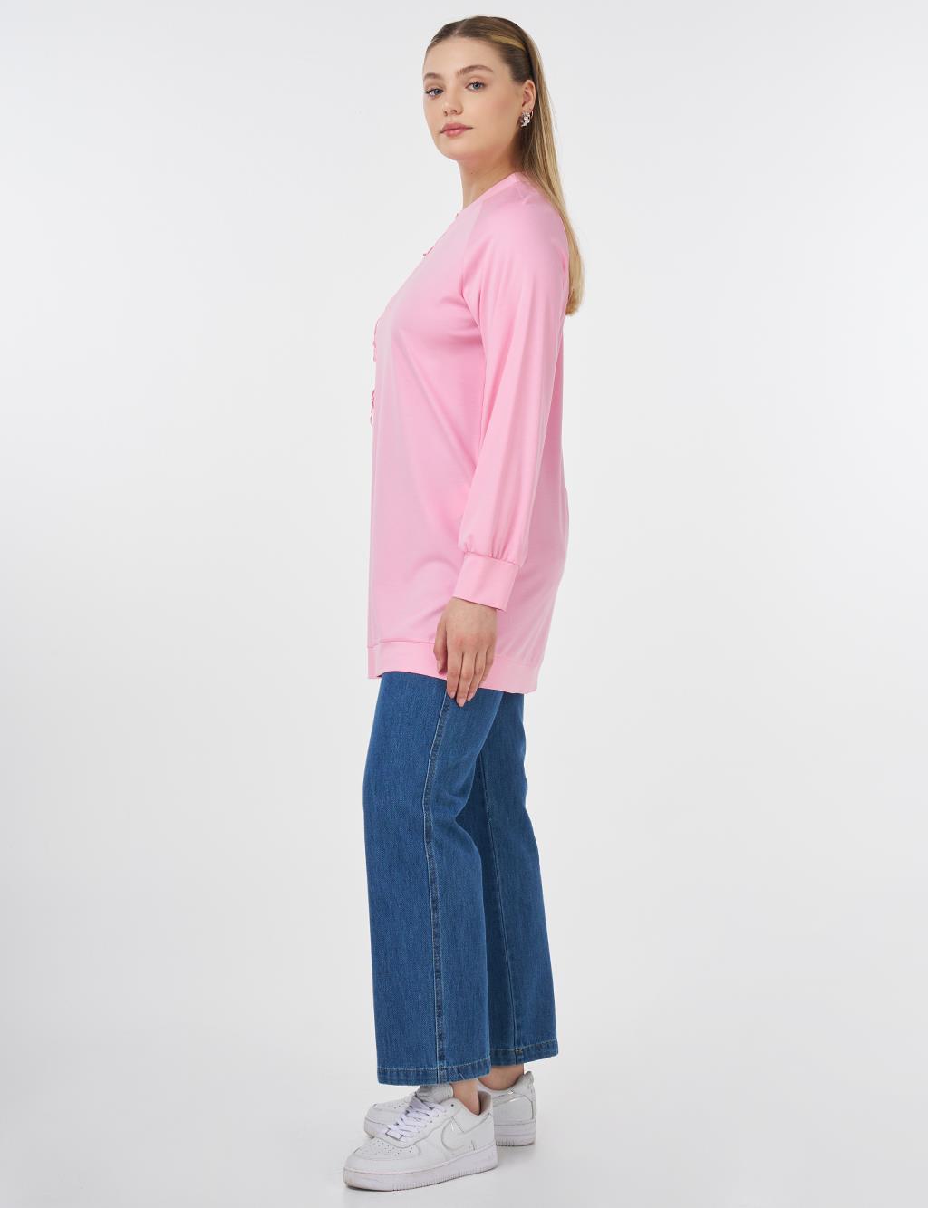 Ribanalı Sıfır Yaka Penye Sweatshirt Şeker Pembe