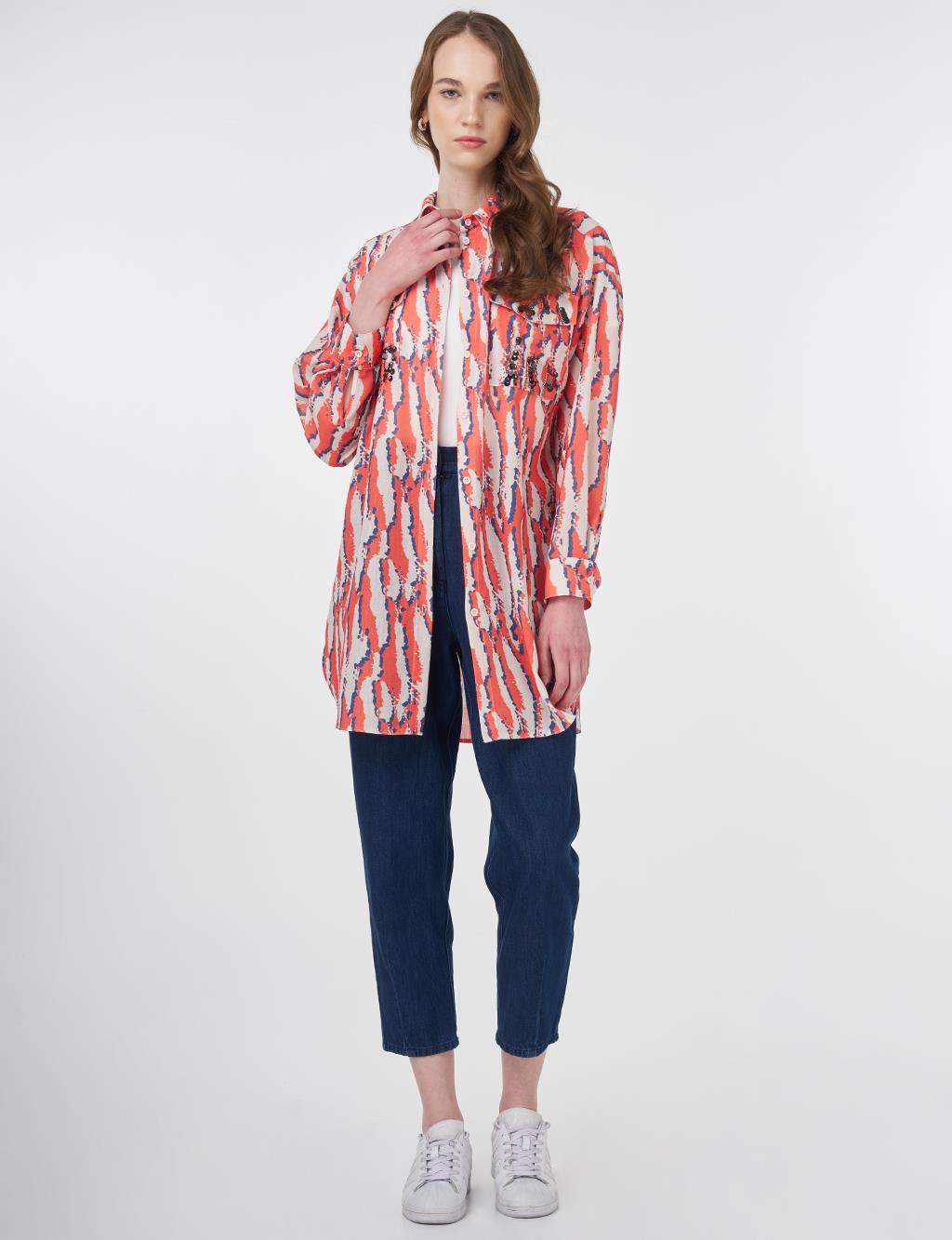 Abstract Patterned Shirt Collar Tunic Coral