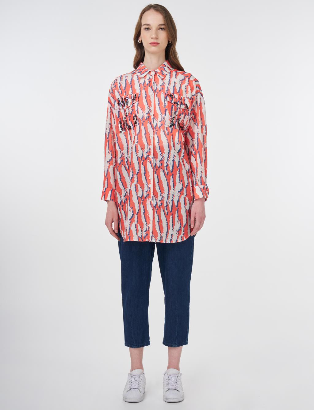 Abstract Patterned Shirt Collar Tunic Coral