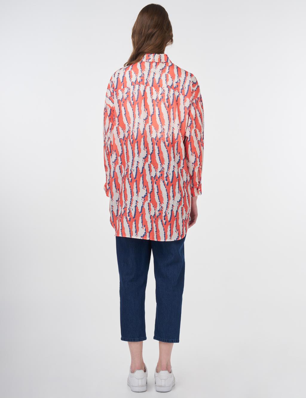 Abstract Patterned Shirt Collar Tunic Coral