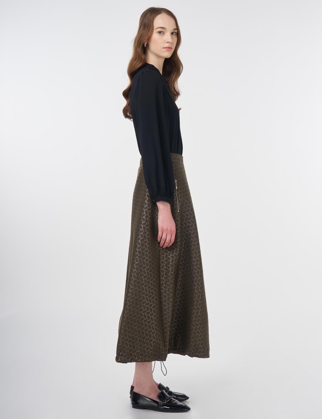 Houndstooth Patterned Flared Skirt Khaki